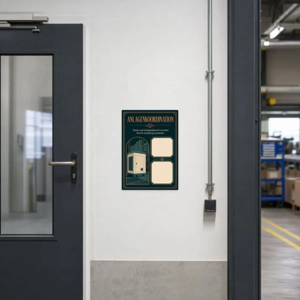 KI-generiertes Anwendungsbeispiel: Anlagenkoordination Aufkleber an technischer Anlage mit Feldern für Bereich und Termin.