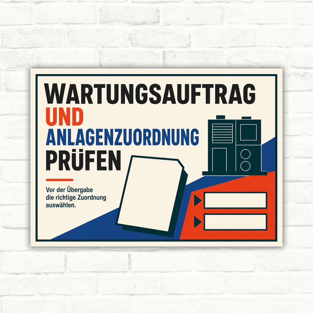 Wartungsauftrag Schild im Querformat mit Text „Anlagenzuordnung prüfen“ und Hinweis zur richtigen Zuordnung vor Übergabe.