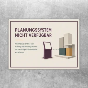 Planungssystem nicht verfügbar Aufkleber im Querformat mit violettem Text und Illustration für Terminabstimmung.