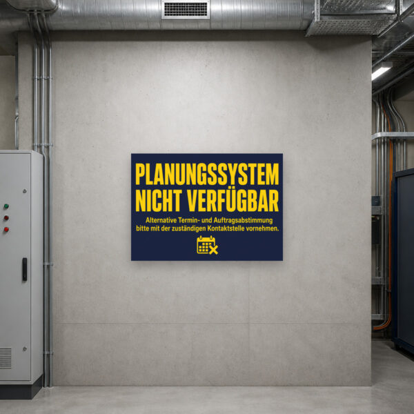 KI-generiertes Anwendungsbeispiel: Schild „Planungssystem nicht verfügbar“ für Servicebereich mit Termin- und Auftragsabstimmung.