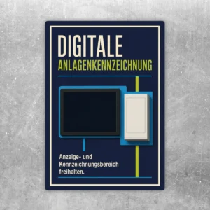 Aufkleber zur digitalen Anlagenkennzeichnung mit Hinweis, Anzeige- und Kennzeichnungsbereich freizuhalten.