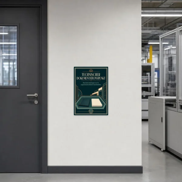 KI-generiertes Anwendungsbeispiel: Technischer Dokumentationspunkt Aufkleber an einer glatten Fläche für Unterlagenablage.