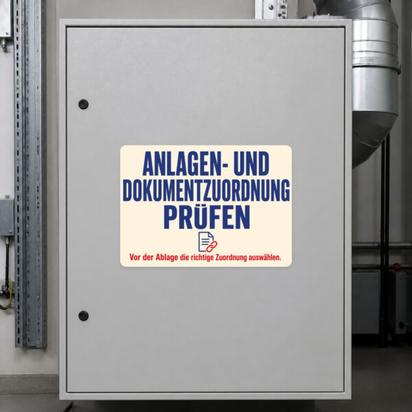 KI-generiertes Anwendungsbeispiel: Dokumentzuordnung prüfen Aufkleber auf Metallfläche neben technischer Ablage.