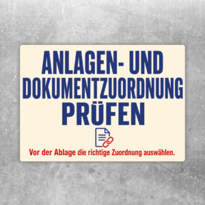 Dokumentzuordnung prüfen Aufkleber im Querformat mit rotem Prüfen-Hinweis, Anlage und Dokumentablage-Grafik.