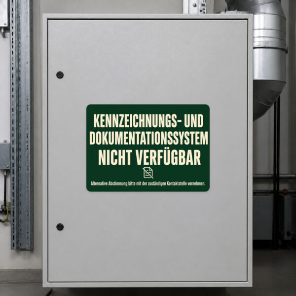 KI-generiertes Anwendungsbeispiel: Hinweisaufkleber Dokumentationssystem nicht verfügbar auf grauer Fläche im Querformat.