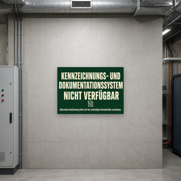 KI-generiertes Anwendungsbeispiel: Hinweisschild „Kennzeichnungs- und Dokumentationssystem nicht verfügbar“ an heller Wand.