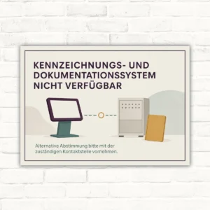 Hinweisschild mit Text „Kennzeichnungs- und Dokumentationssystem nicht verfügbar“ und technischer Illustration im Querformat.