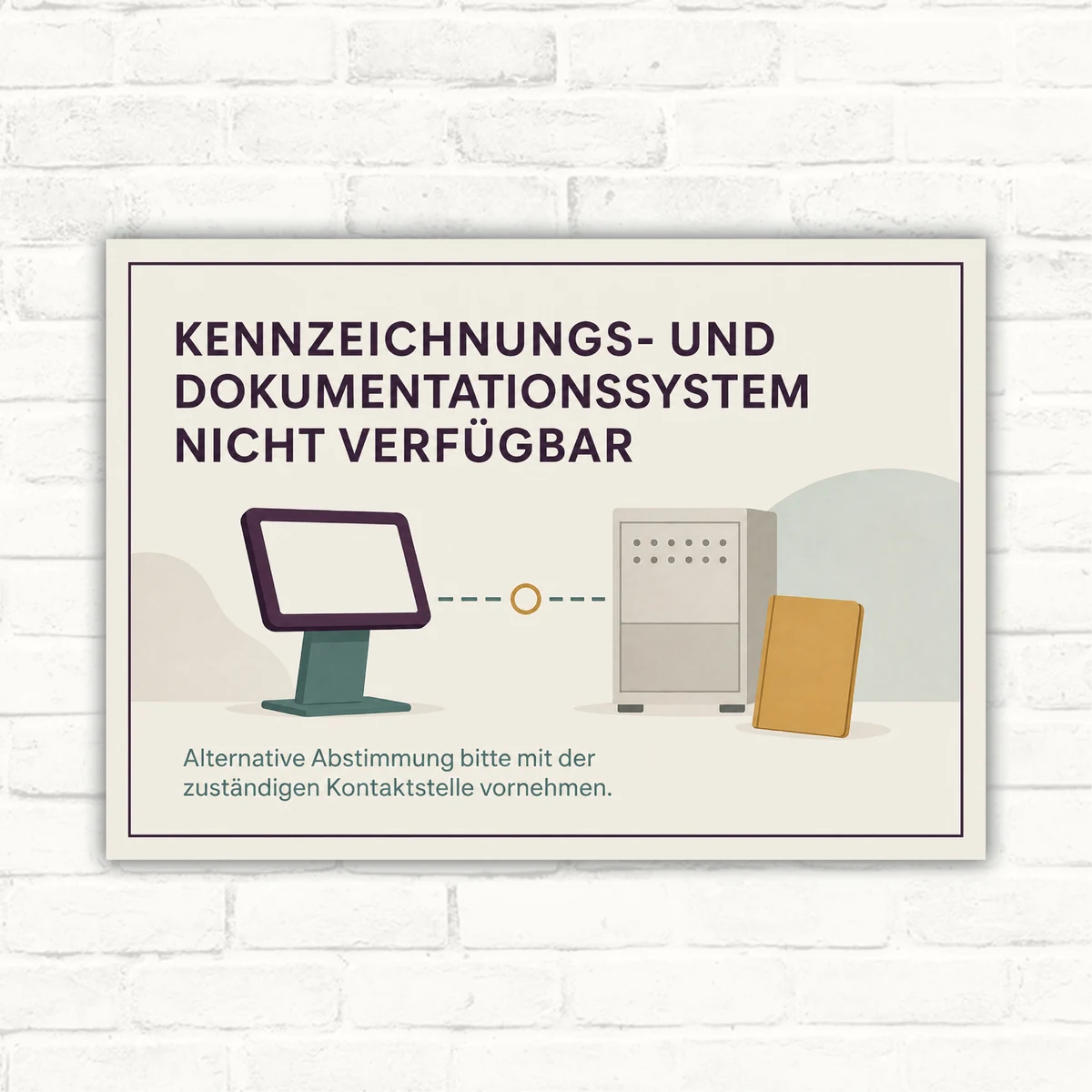 Hinweisschild mit Text „Kennzeichnungs- und Dokumentationssystem nicht verfügbar“ und technischer Illustration im Querformat.