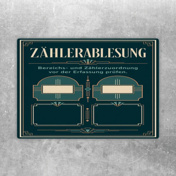 Zählerablesung Aufkleber in Dunkelgrün mit goldenen Linien und Hinweis zur Bereichs- und Zählerzuordnung.