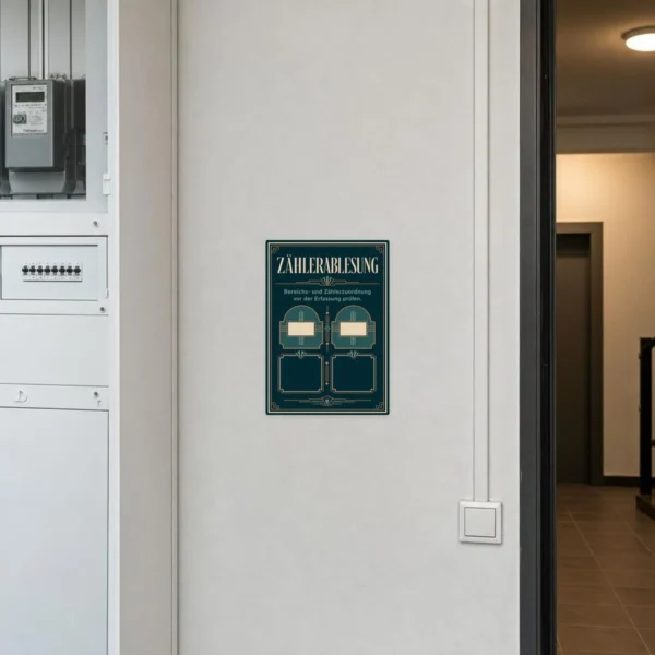 KI-generiertes Anwendungsbeispiel: Zählerablesung Aufkleber an glatter Technikraumfläche zur Prüfung der Zuordnung.