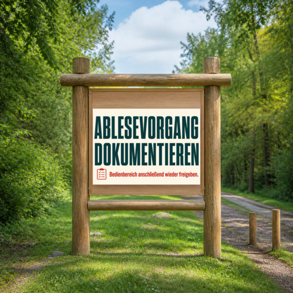 KI-generiertes Anwendungsbeispiel: Hinweisschild „Ablesevorgang dokumentieren“ im Querformat an einer Technikraumwand.