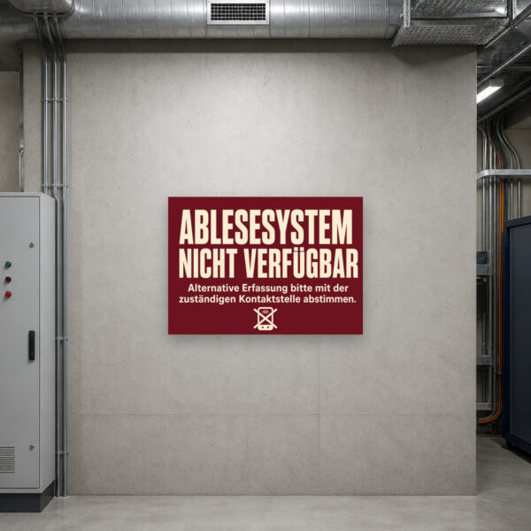 KI-generiertes Anwendungsbeispiel: Querformat-Schild mit dem Text „Ablesesystem nicht verfügbar“ und Hinweis zur alternativen Erfassung im E-Mobilitätsbereich.