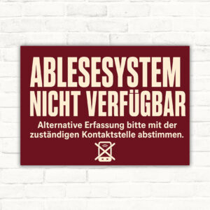Ablesesystem nicht verfügbar Schild mit Illustration zur alternativen Erfassung, querformatiges Hinweisschild für E-Mobilität.