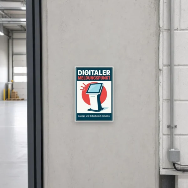 KI-generiertes Anwendungsbeispiel: Digitaler Meldungspunkt Schild – Anzeige- und Bedienbereich freihalten am passenden Einsatzort mit gut sichtbarem Motiv und klarer Beschriftung.