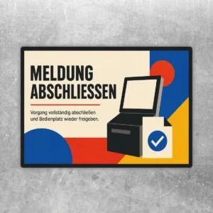 Aufkleber Meldung abschließen im Querformat mit Text, Terminal-Grafik und Haken für Bedienplatz-Freigabe.