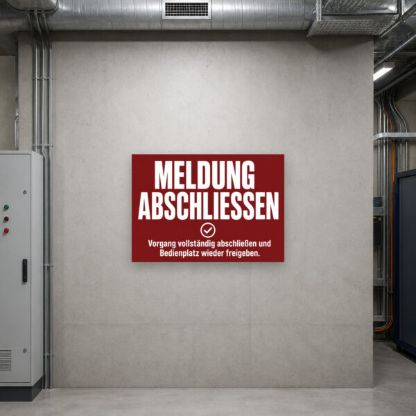 KI-generiertes Anwendungsbeispiel: Hinweisschild Meldung abschließen – Bedienplatz freigeben am passenden Einsatzort mit gut sichtbarem Motiv und klarer Beschriftung.