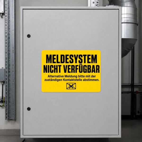 KI-generiertes Anwendungsbeispiel: Meldesystem nicht verfügbar Aufkleber auf grauer Fläche mit cremefarbenem Motiv.