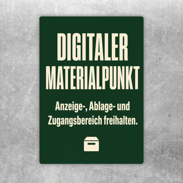 Digitaler Materialpunkt Aufkleber mit Monitor, Kartons und Hinweis, Anzeige-, Ablage- und Zugangsbereich freihalten.