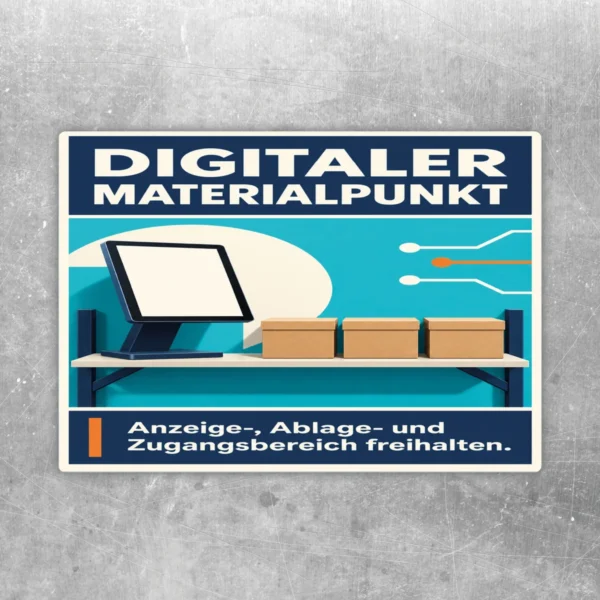 Digitaler Materialpunkt Aufkleber mit Monitor, Kartons und Hinweis, Anzeige-, Ablage- und Zugangsbereich freihalten.
