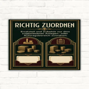 Richtig zuordnen Schild für Ersatzteil und Zubehör im Anlagenbereich mit gut lesbarem Motiv und klarer Beschriftung als bedrucktes Schild aus Aluminium-Verbundplatte.