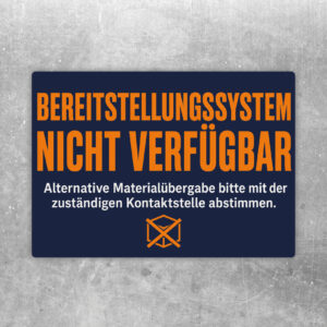 Querformatiger Aufkleber mit Hinweis Bereitstellungssystem nicht verfügbar und Illustration von Terminal, Box und Empfang.