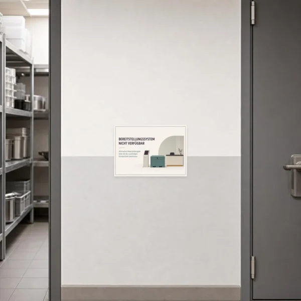 KI-generiertes Anwendungsbeispiel: Aufkleber Bereitstellungssystem nicht verfügbar auf grauer Fläche im Querformat.