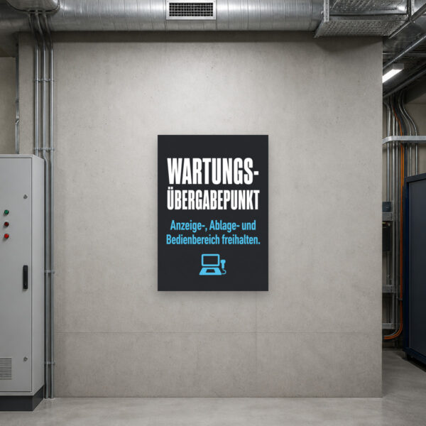KI-generiertes Anwendungsbeispiel: Wartungs-Übergabepunkt Schild als robustes Alu-Verbundschild mit Hinweis auf freie Anzeige-, Ablage- und Bedienfläche.
