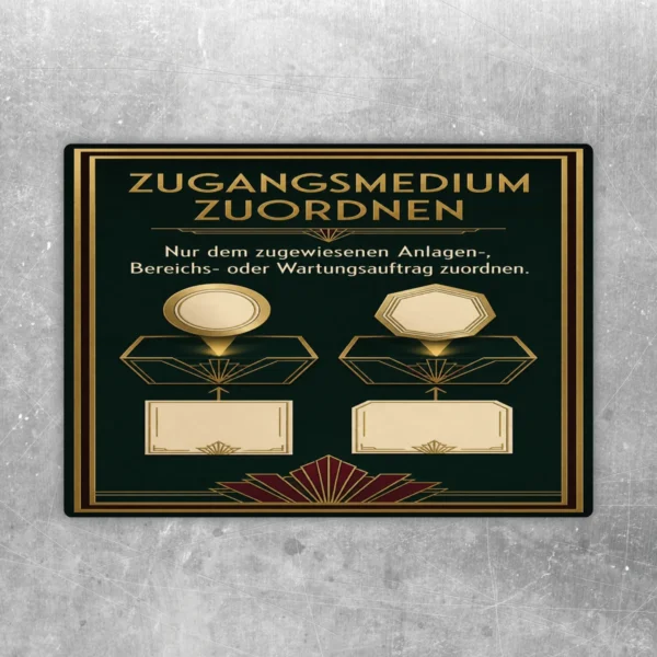 Zugangsmedium zuordnen Aufkleber in Schwarz, Gold und Creme für Anlagen- und Wartungsaufträge im Hochformat.