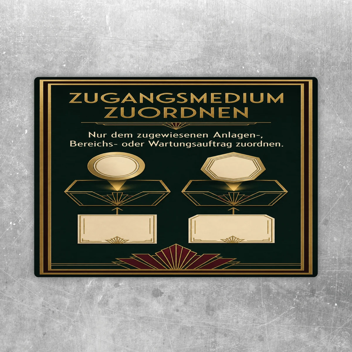 Zugangsmedium zuordnen Aufkleber in Schwarz, Gold und Creme für Anlagen- und Wartungsaufträge im Hochformat.