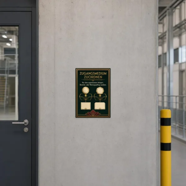 KI-generiertes Anwendungsbeispiel: Zugangsmedium zuordnen Aufkleber auf Metallfläche für Wartungsaufträge.
