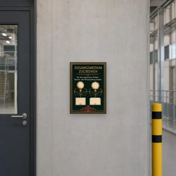 KI-generiertes Anwendungsbeispiel: Zugangsmedium zuordnen Schild als Technik-Hinweis für Wartungsaufträge an Wand.