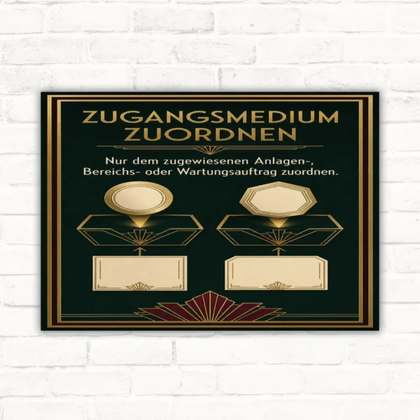 Zugangsmedium zuordnen Schild mit Text zu Anlagen-, Bereichs- oder Wartungsauftrag in dunklem Gold-Design.