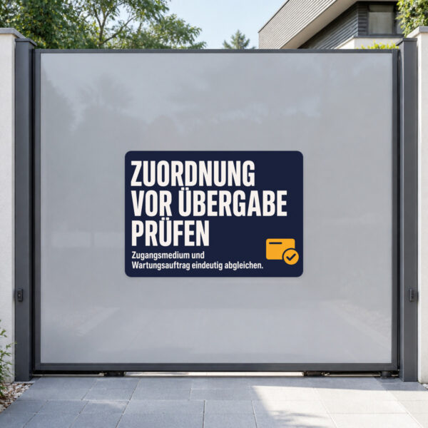 KI-generiertes Anwendungsbeispiel: Zuordnung vor Übergabe prüfen Aufkleber an Übergabestelle für Zugangsmedien.