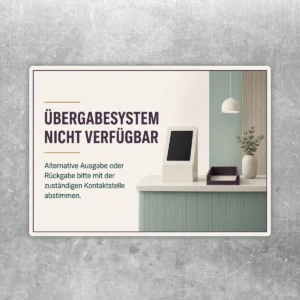 Übergabesystem nicht verfügbar Aufkleber im Querformat mit Hinweistext und Illustration eines modernen Ausgabeterminals.