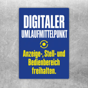 Digitaler Umlaufmittelpunkt Aufkleber mit Terminal, Behältern und Hinweis zum Freihalten von Bedienbereichen.