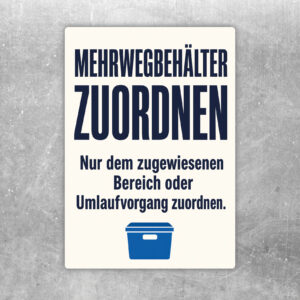 Mehrwegbehälter zuordnen Aufkleber im Hochformat mit grünem und bordeauxrotem Behälter sowie Zuordnungshinweis.
