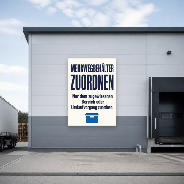 KI-generiertes Anwendungsbeispiel: Mehrwegbehälter zuordnen Schild für Lagerbereiche mit Bereichs- und Umlaufvorgang-Hinweis.