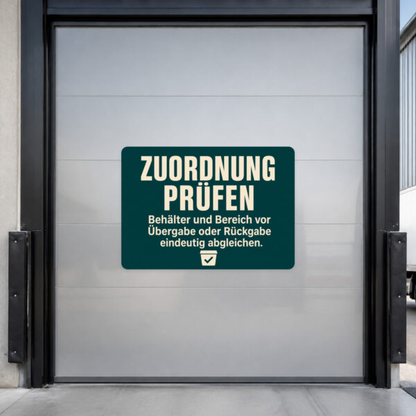 KI-generiertes Anwendungsbeispiel: Zuordnung prüfen Aufkleber auf grauem Untergrund für Behälterübergabe im Lager.