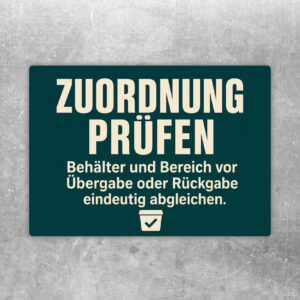 Zuordnung prüfen Aufkleber mit Behälter, Pfeilen, Händen und Haken für Übergabe- und Rückgabestellen im Betrieb.