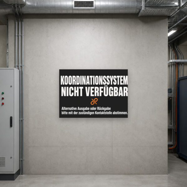KI-generiertes Anwendungsbeispiel: Schild „Koordinationssystem nicht verfügbar“ an einer Ausgabe- und Rückgabestelle.