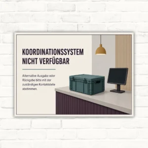 Hinweisschild mit Text „Koordinationssystem nicht verfügbar“ und Zusatz zur alternativen Ausgabe oder Rückgabe.
