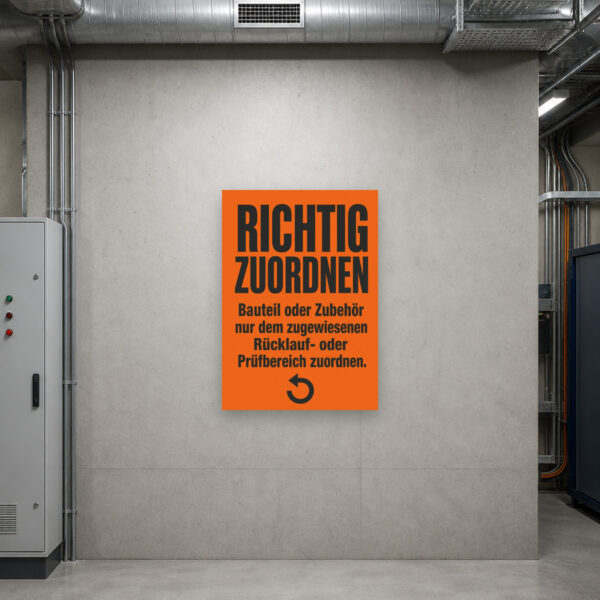 KI-generiertes Anwendungsbeispiel: Rücklauf Schild „Richtig zuordnen“ für Bauteile und Zubehör am passenden Einsatzort mit gut sichtbarem Motiv und klarer Beschriftung.