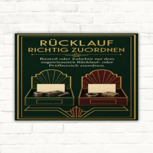 Rücklauf Schild „Richtig zuordnen“ für Bauteile und Zubehör mit gut lesbarem Motiv und klarer Beschriftung als bedrucktes Schild aus Aluminium-Verbundplatte.