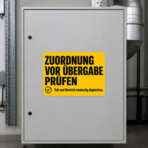 KI-generiertes Anwendungsbeispiel: Zuordnung vor Übergabe prüfen Aufkleber auf Metallfläche für Prozesskontrolle.