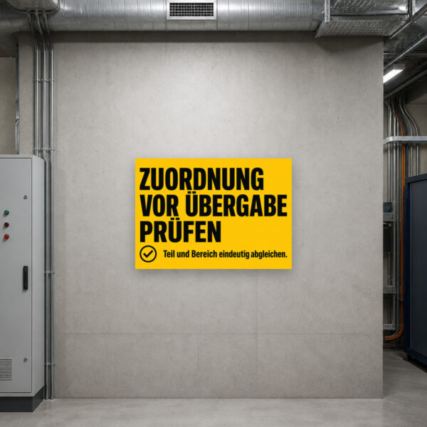 KI-generiertes Anwendungsbeispiel: Zuordnung vor Übergabe prüfen Schild an einer Werkstattwand für Teileabgleich.