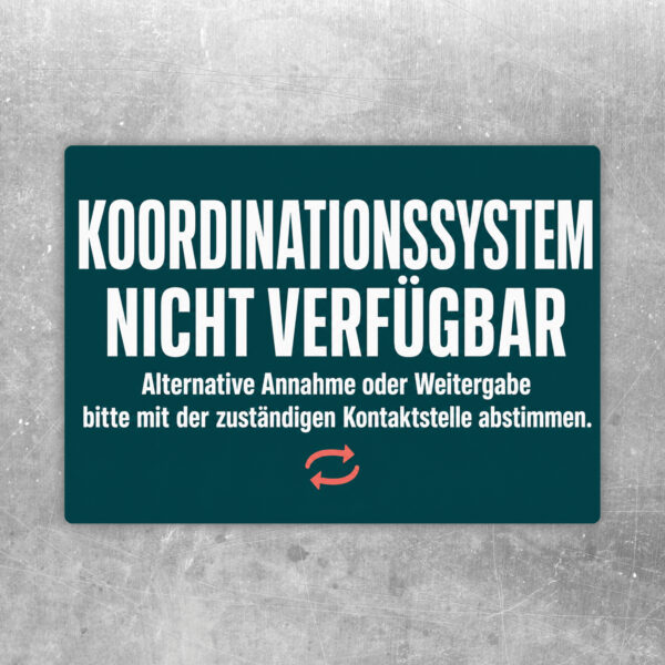 Hinweisaufkleber im Querformat mit Text Koordinationssystem nicht verfügbar an Empfangstheke in Beige und Violett.