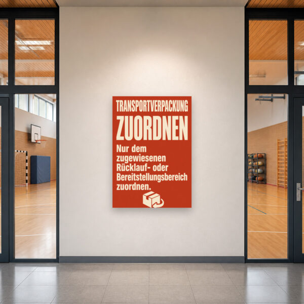 KI-generiertes Anwendungsbeispiel: Transportverpackung zuordnen Schild für Rücklauf- und Bereitstellungsbereich an Wand.