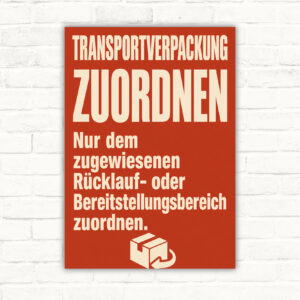 Transportverpackung zuordnen Schild mit Text zu Rücklauf- oder Bereitstellungsbereich und zwei grünen Kistenmotiven.