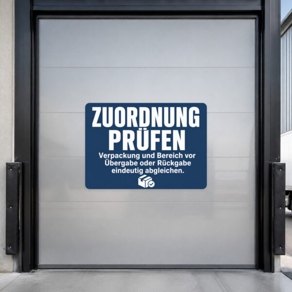 KI-generiertes Anwendungsbeispiel: Zuordnung prüfen Aufkleber auf grauem Untergrund mit Haken, Pfeilen und Kiste.