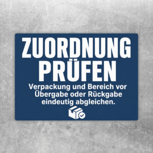 Zuordnung prüfen Aufkleber mit Haken, Richtungspfeilen und Transportkiste für Übergabe- und Rückgabebereich.